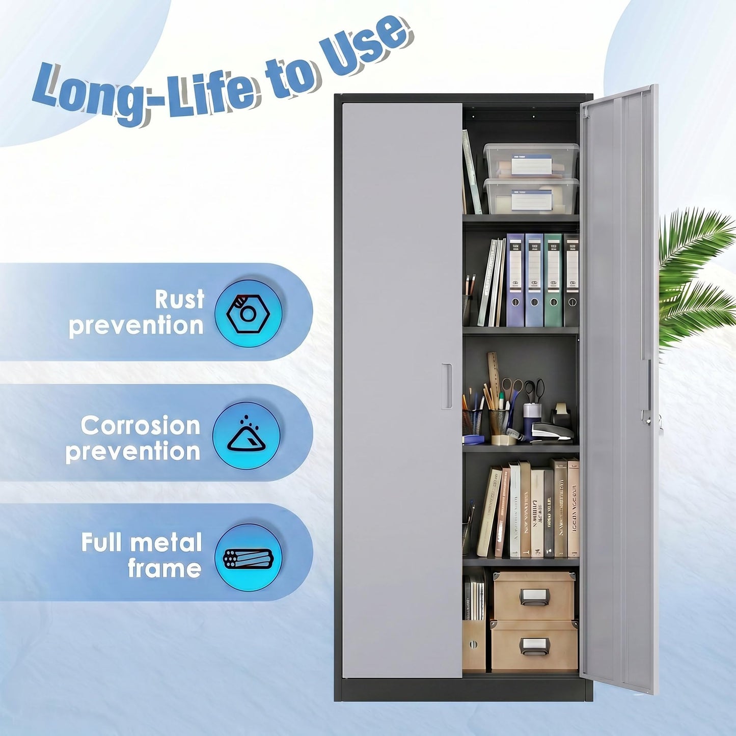 Lockable Steel Storage Cabinet with 4 Adjustable Shelves - Black & Gray