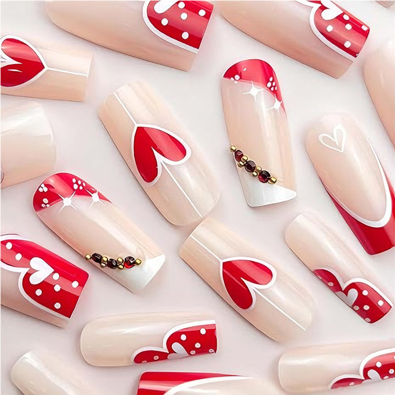 24-Piece Long Square Press-On Nails - Red & White Heart Design
