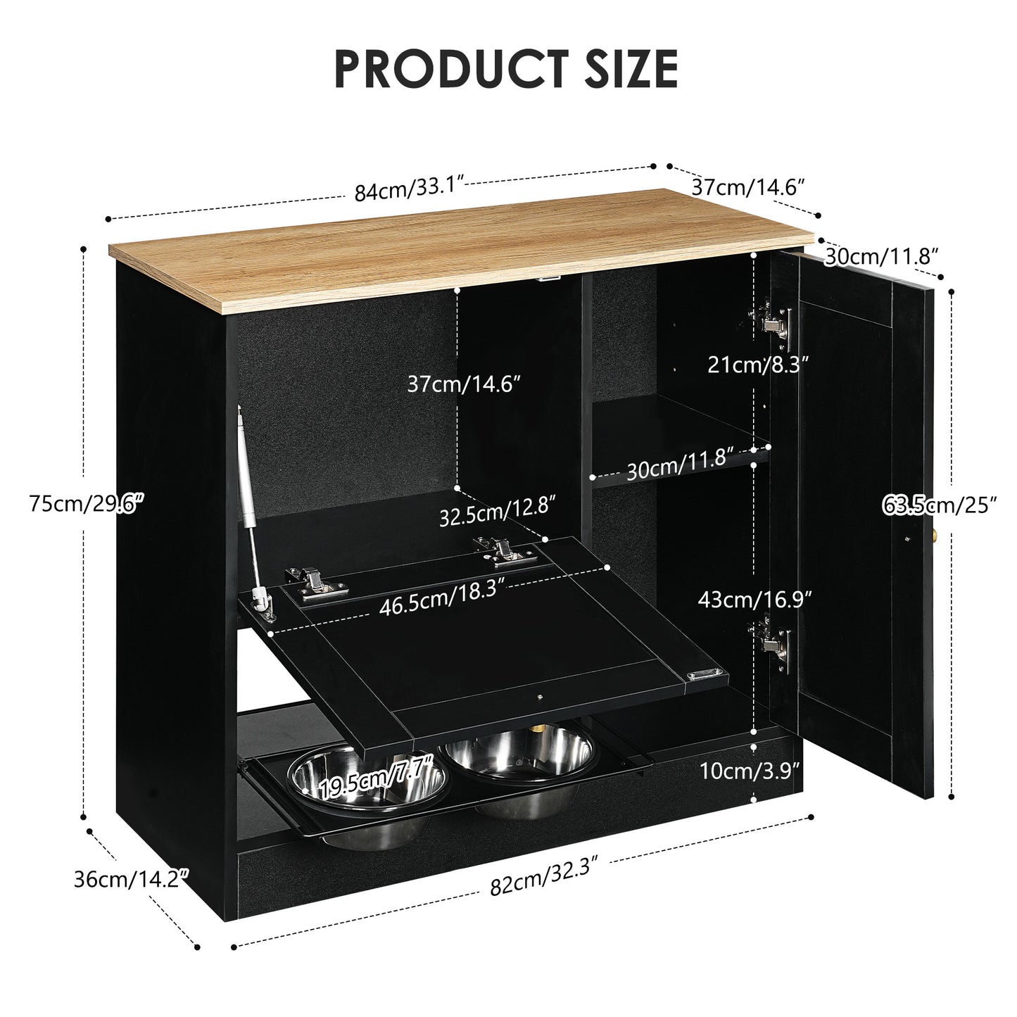 Elevated Pet Feeding Station with 2 Lockers & Side Hooks - Black+Vintage