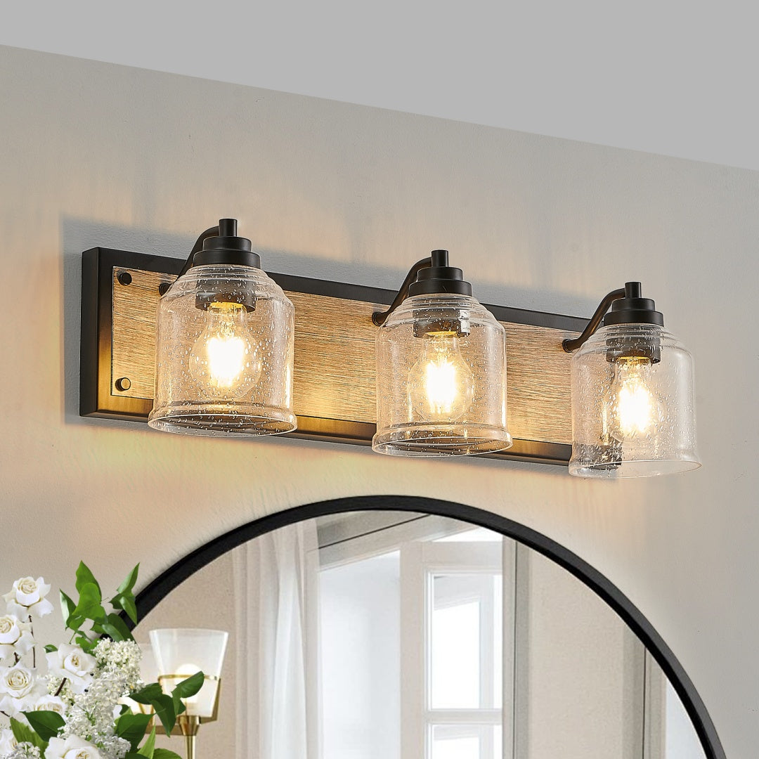 3-Light Farmhouse Vanity Light Fixture - Black & Wood Grain