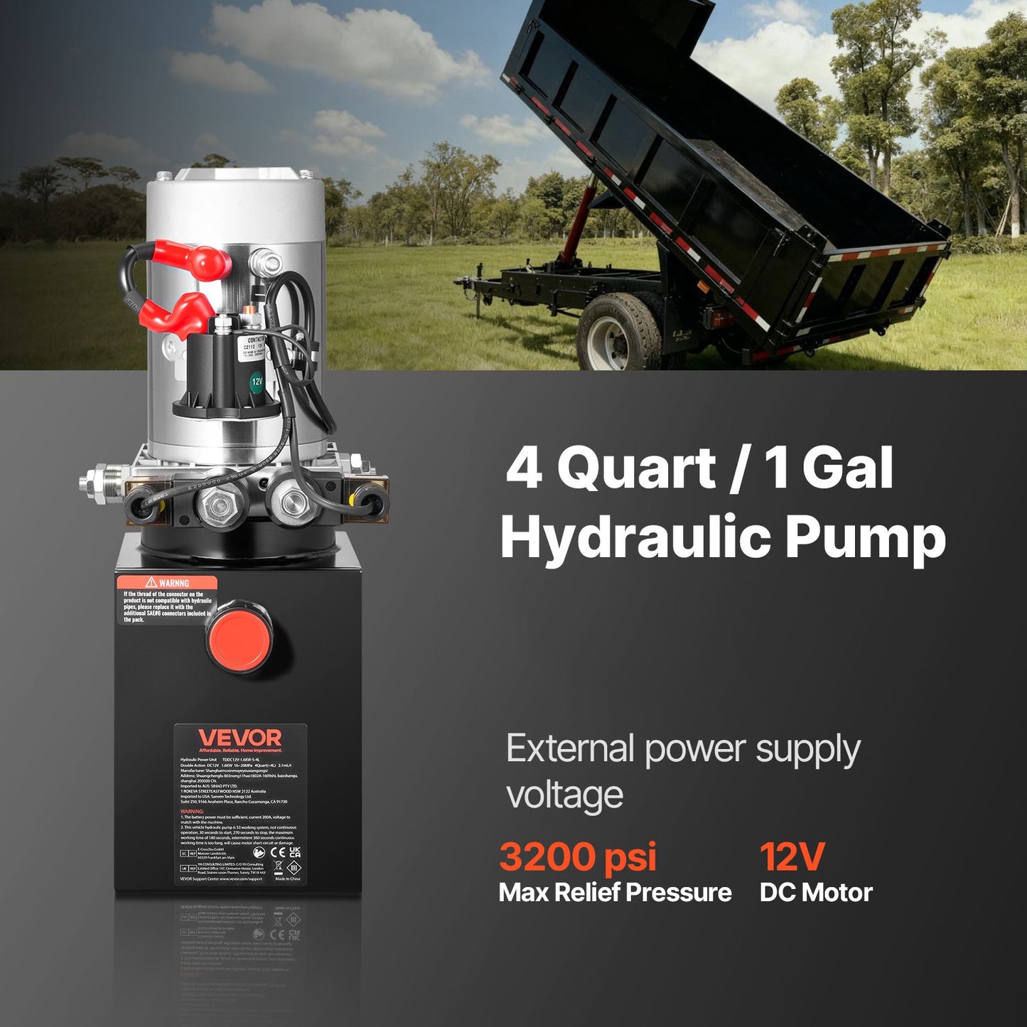 4 Quart Hydraulic Power Unit for Dump Trailers - 3200 PSI 12V Pump, Metal Reservoir