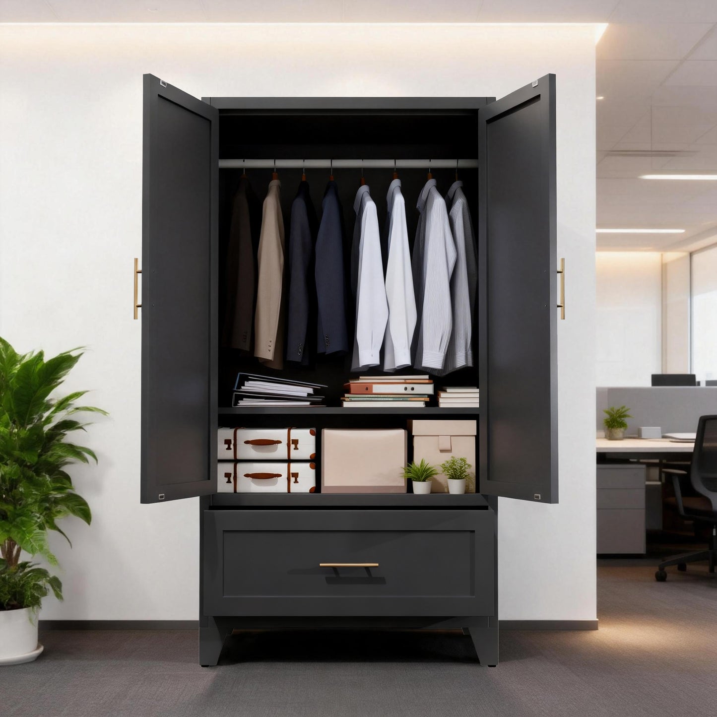 60" Tall Metal Wardrobe Cabinet with Drawer & Hanging Rod - Black