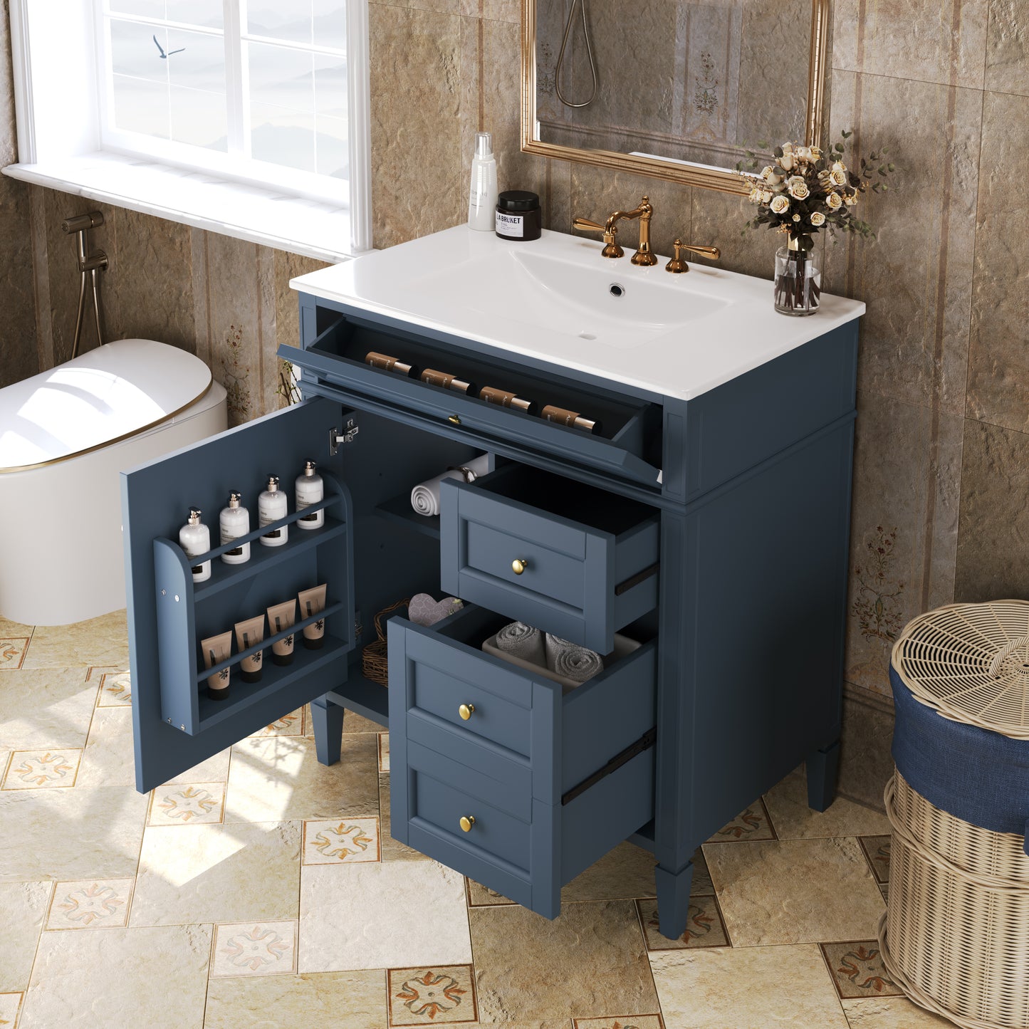 30'' Blue Modern Bathroom Vanity with Sink & Storage Cabinet