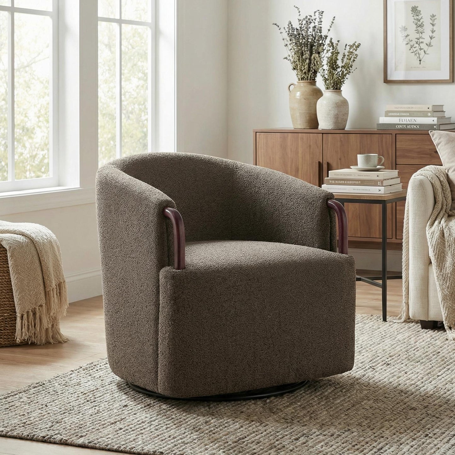 30 Modern Boucle Swivel Barrel Chair With Solid Wood Accents, Soft