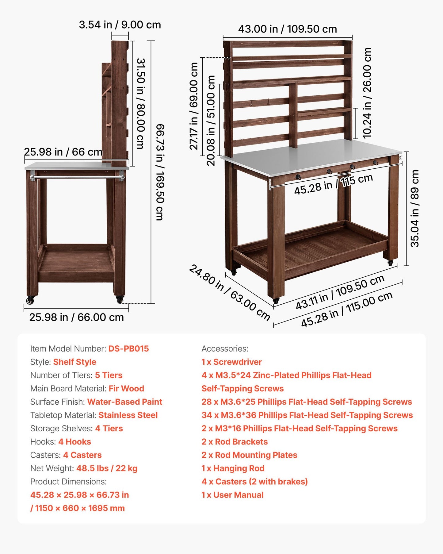 Black Potting Bench Table with Stainless Steel Top and Storage Shelves - Outdoor Garden Workstation