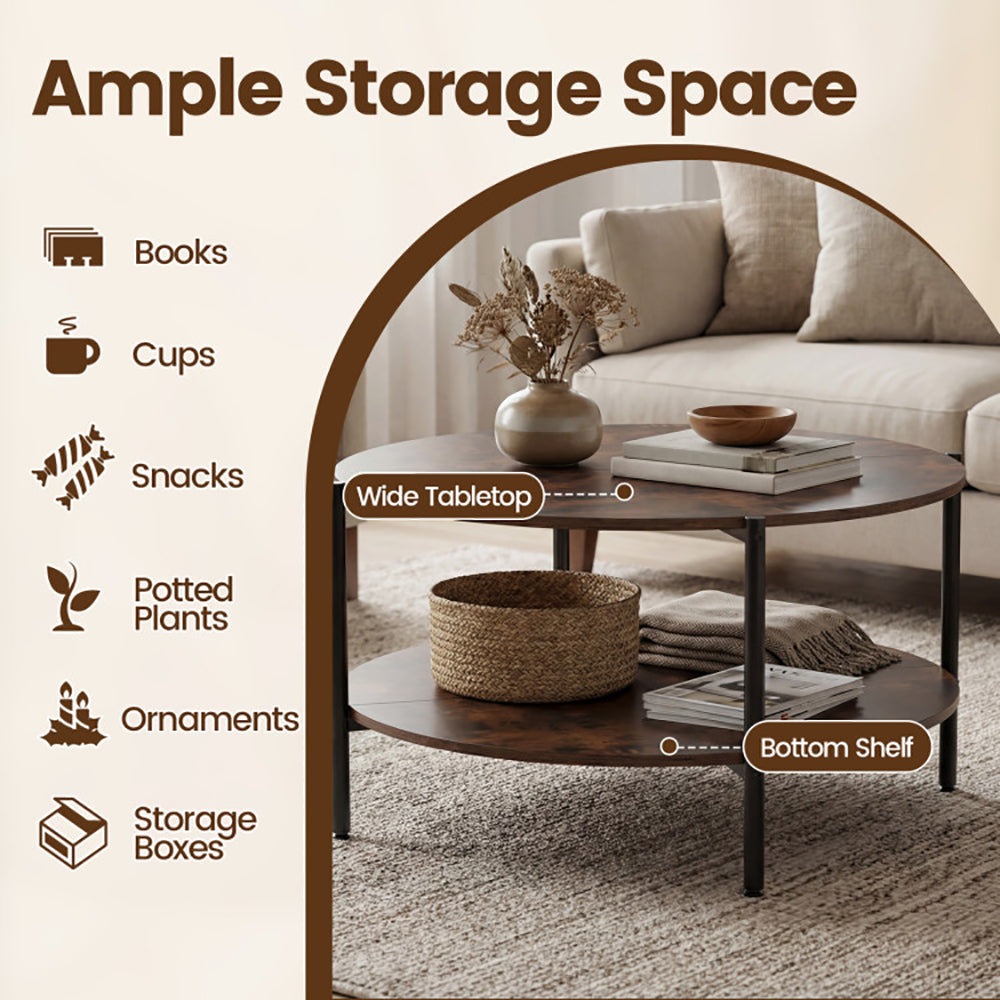 Round Coffee Table 2-Tier Industrial Accent With Open Storage Shelf