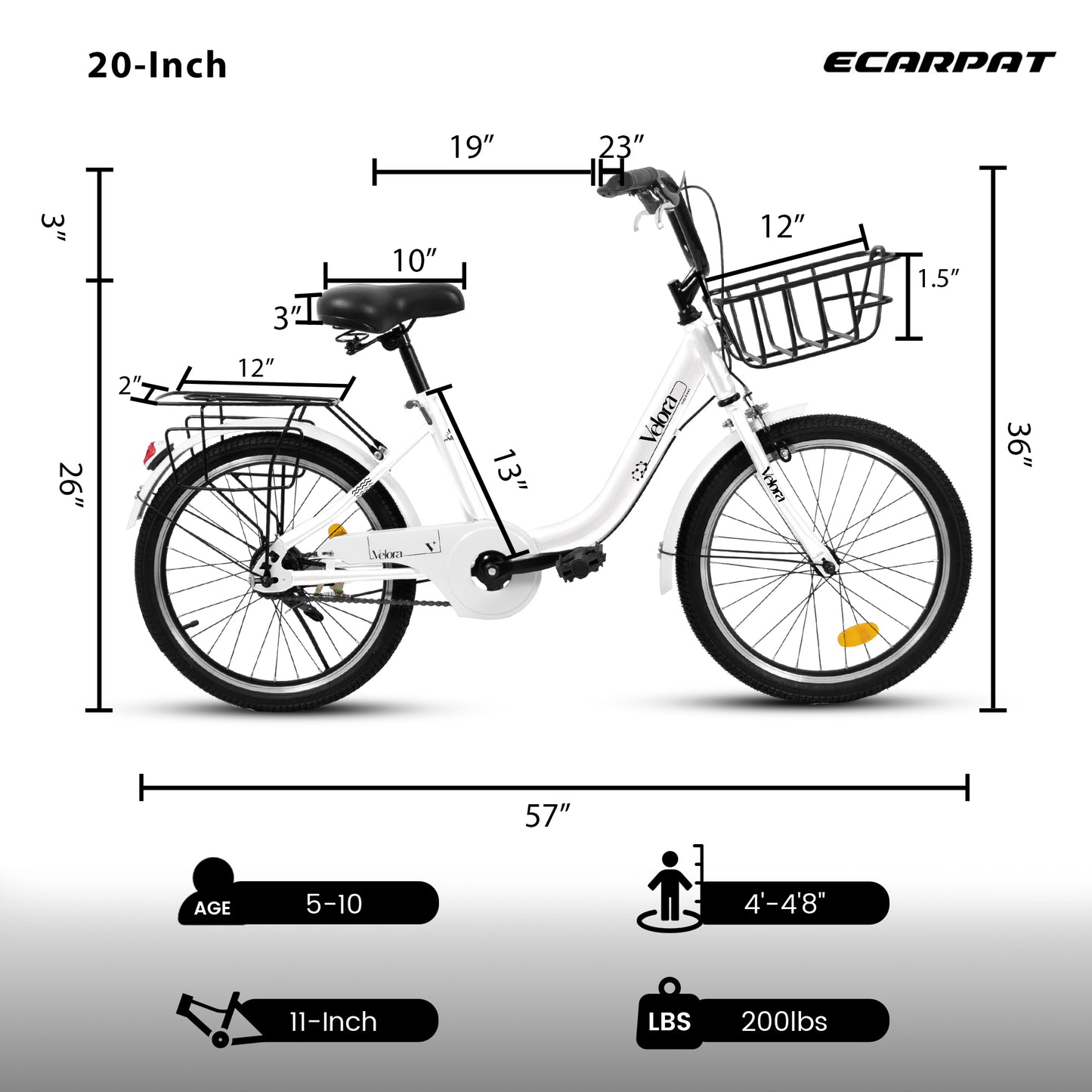 20 Inch Kids Bike for Boys & Girls - White, Lightweight Steel Frame