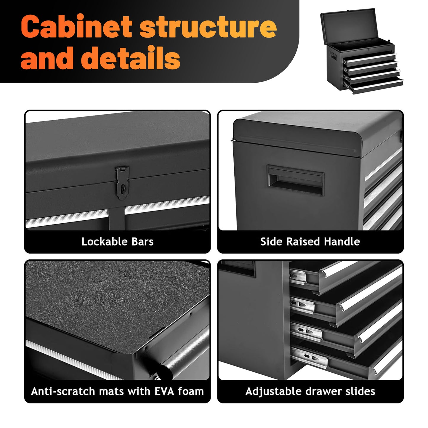 Tool Chest, 5-Drawer Rolling Storage Cabinet With Detachable Top Box,