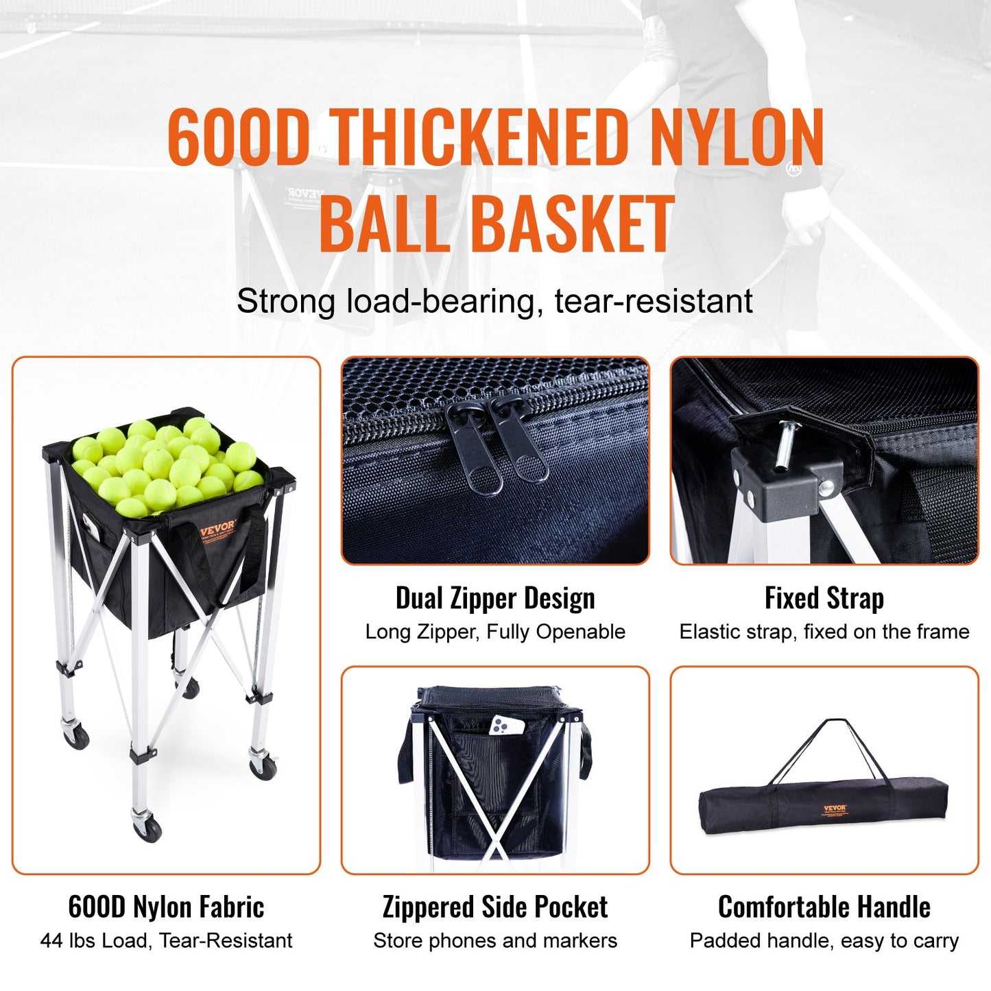 Foldable Tennis Ball Hopper Cart with 150 Capacity, Lightweight Aluminum, Wheels & Removable Bag
