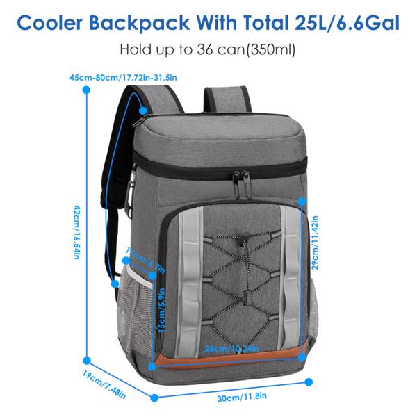 Insulated Cooler Backpack - 36 Can Leakproof, 25L Capacity - Gray