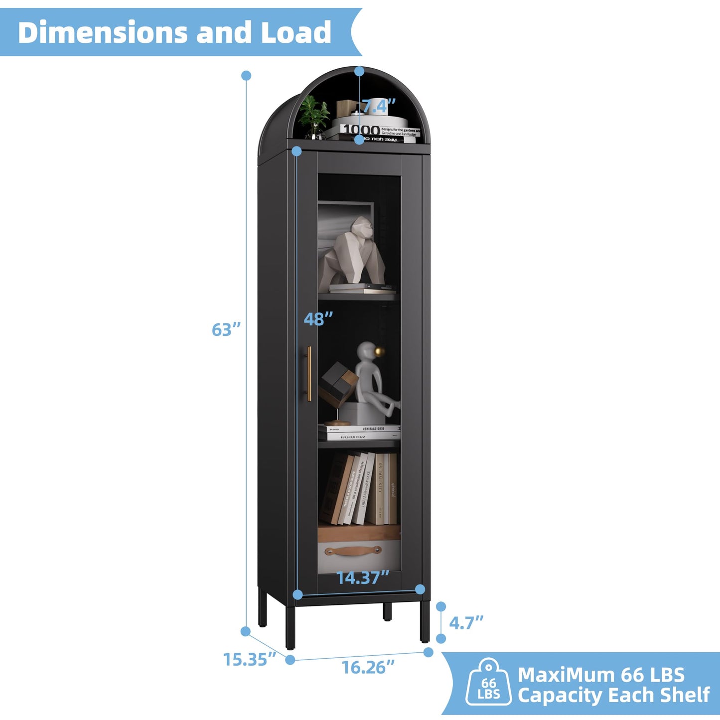 Metal Arched Bookcase Cabinet with Glass Doors - Black
