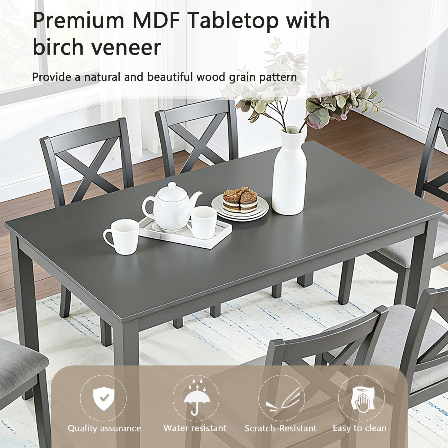 Modern 7-Piece Solid Wood Dining Table Set with 6 Chairs - Grey