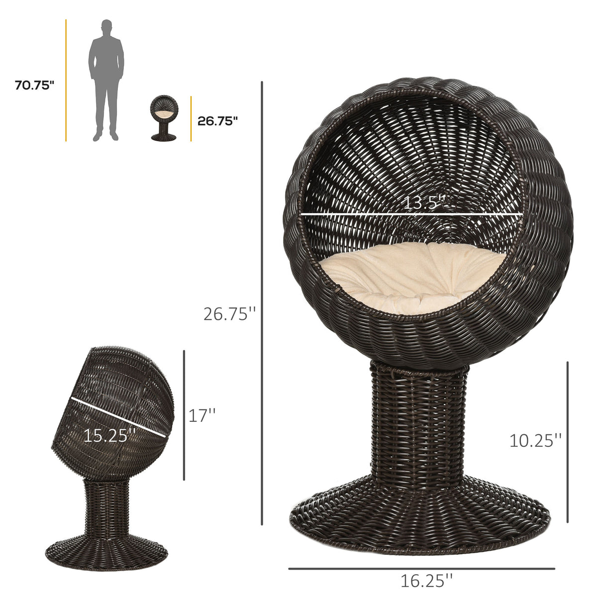 Elevated Cat Bed with Rotatable Egg Chair Pod, Cozy Woven Kitty House - Coffee 450x430mm