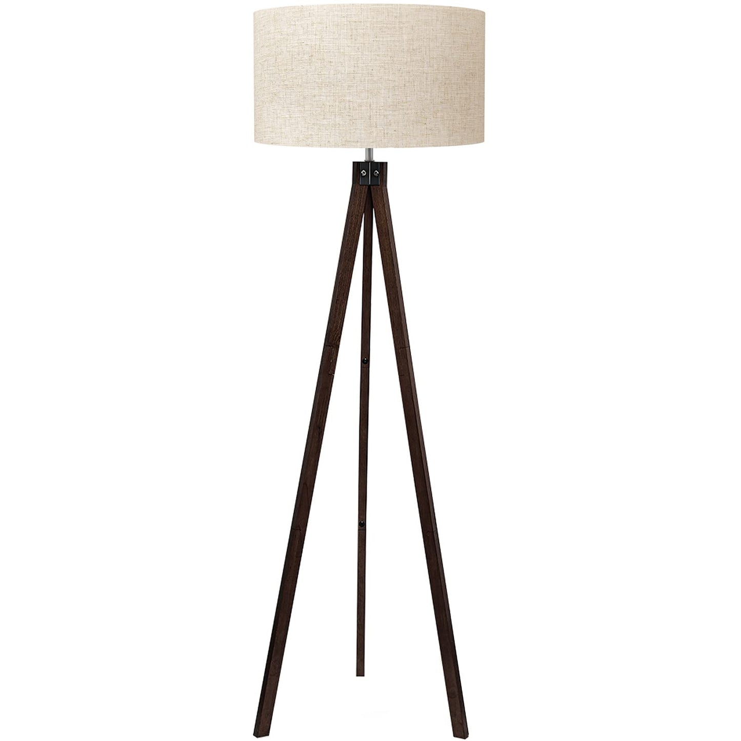 Mid Century Modern Tripod Floor Lamp with Linen Shade - E26 Base, Wooden Stand