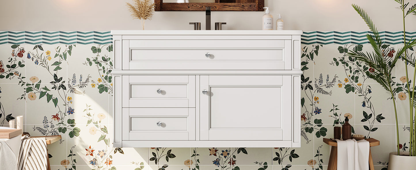 36-inch Wall Mounted Bathroom Vanity with Ceramic Sink & Drawers