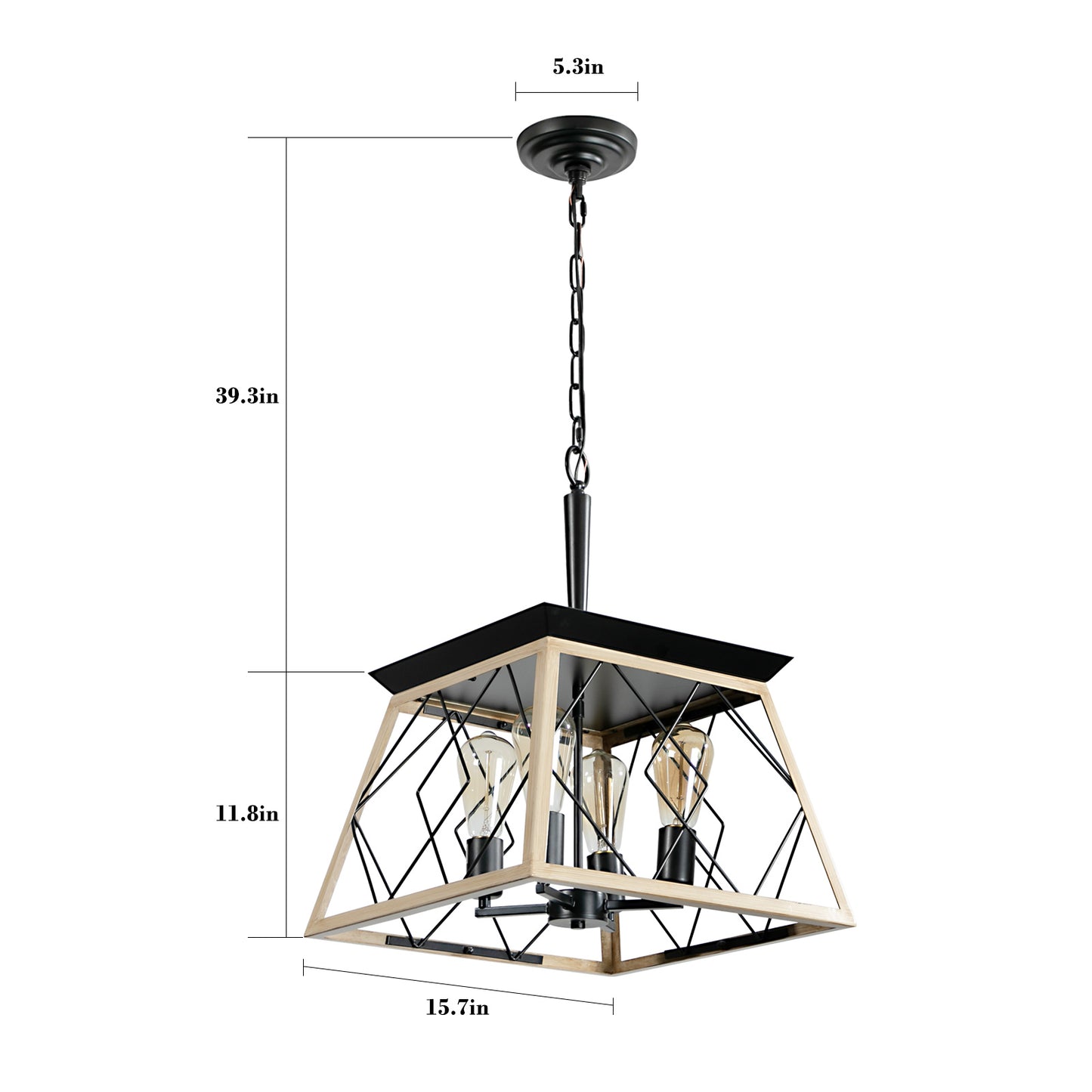 16-Inch Oak Industrial 4-Light Pendant Chandelier - Adjustable