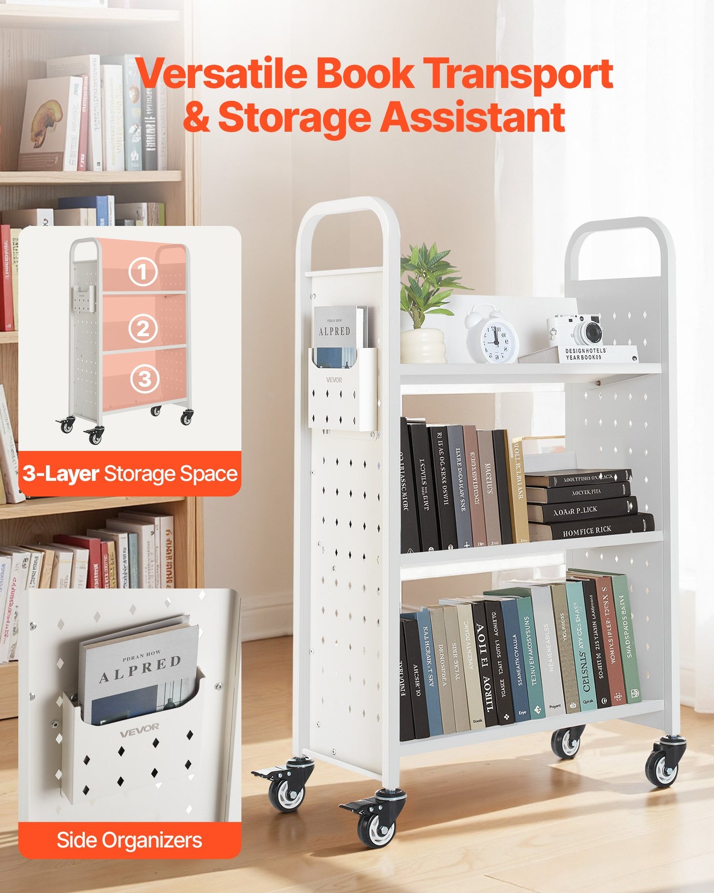White 3-Tier Rolling Book Cart with Locking Casters - Heavy Duty Storage