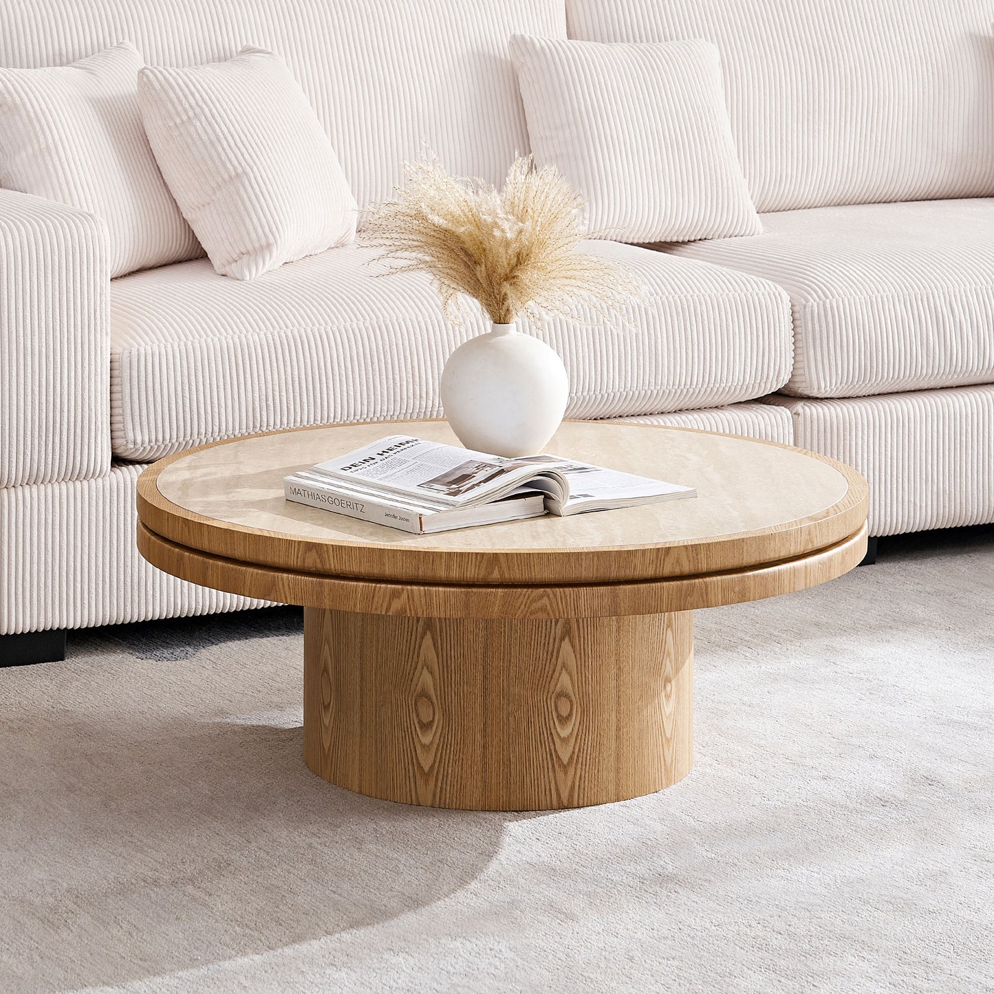 35.43 Inch Coffee Table with Sintered Stone Top & MDF Base - Natural