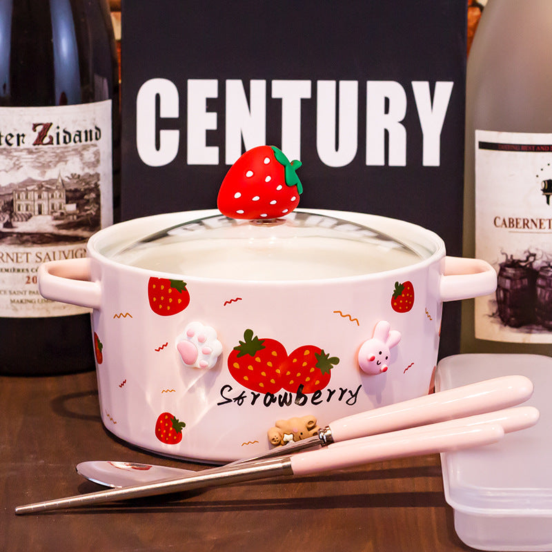 Ceramic Noodle Bowl with Lid and Ears - Strawberry Design, Easy to Clean