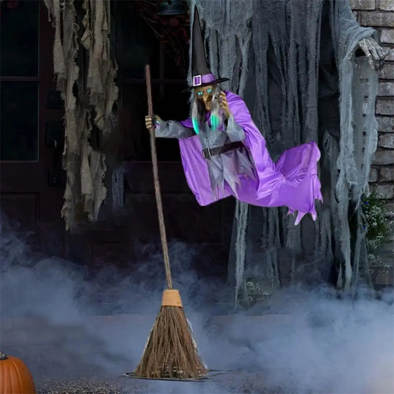 Large Flying Witch Halloween Decoration Outdoor Animatronic Horror Prop with Sound