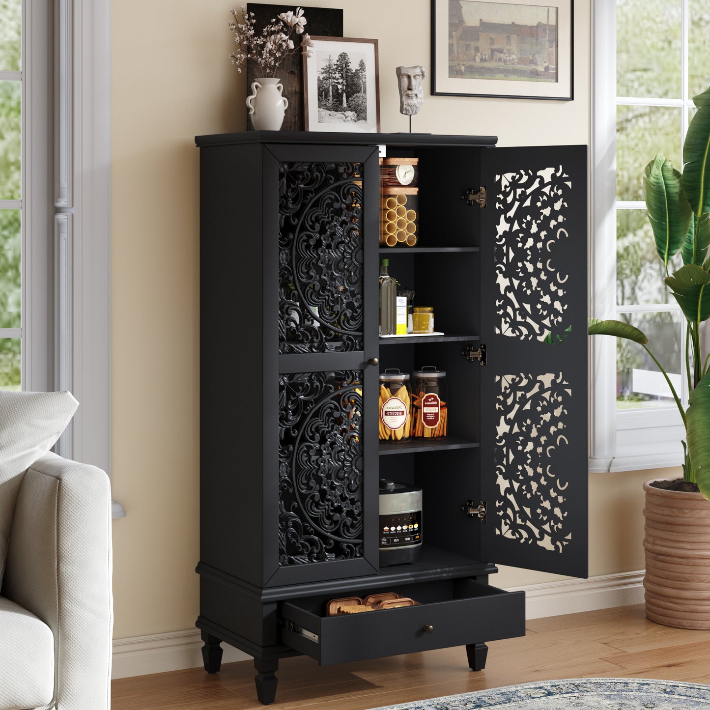 Rustic 55" Tall Storage Cabinet with Drawer - Black Accent Cabinet