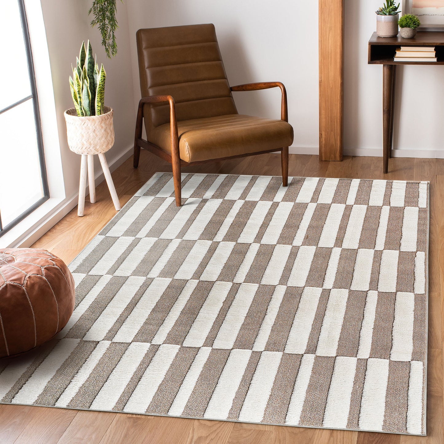 Step Collection High-Low Striped Beige Cream Indoor Area Rug ,