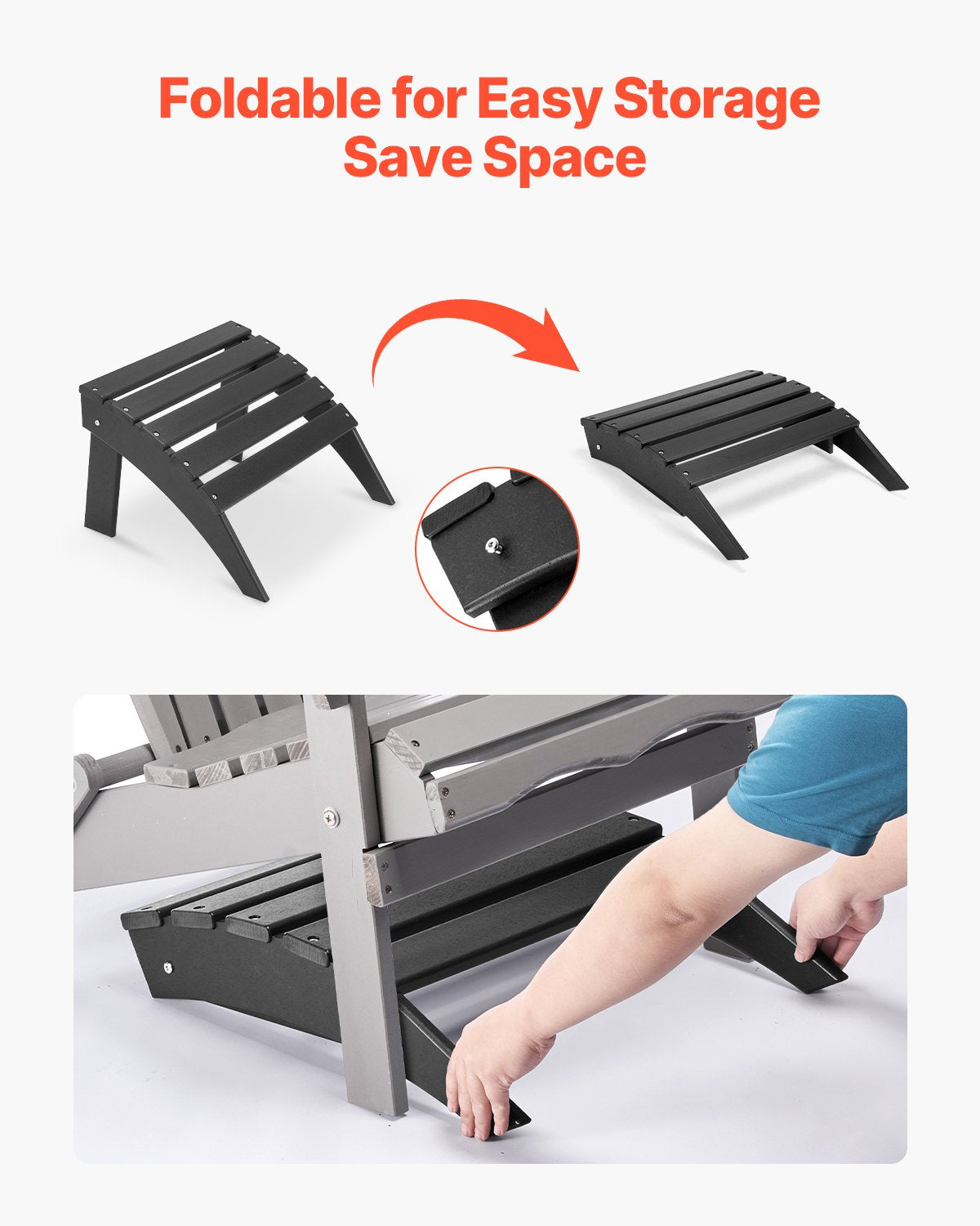 Folding Outdoor Ottoman Footrest for Adirondack Chairs - Black, 18.7x19.7x13 Inches