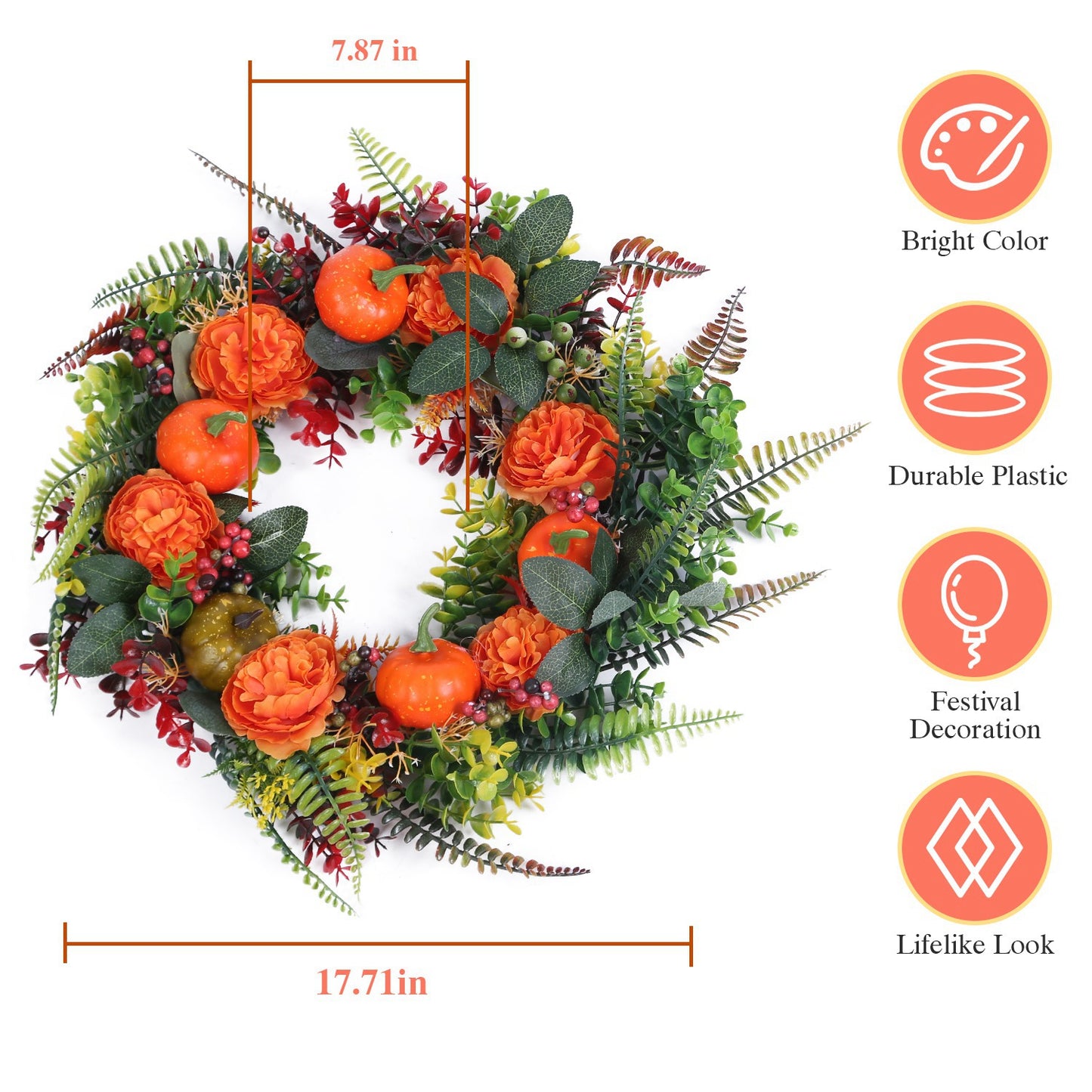 Autumn Wreath with Pumpkin, Leaves & Berries - 17.71 Inch