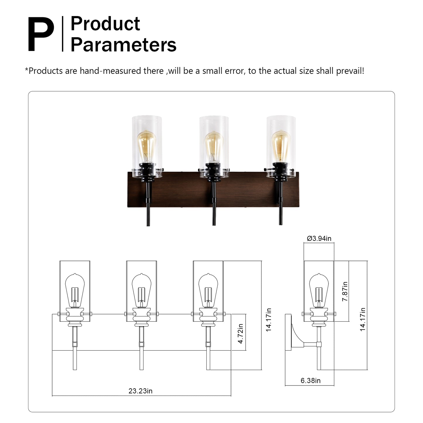 3-Light Matte Black Wood Bathroom Vanity Light with Glass Shades