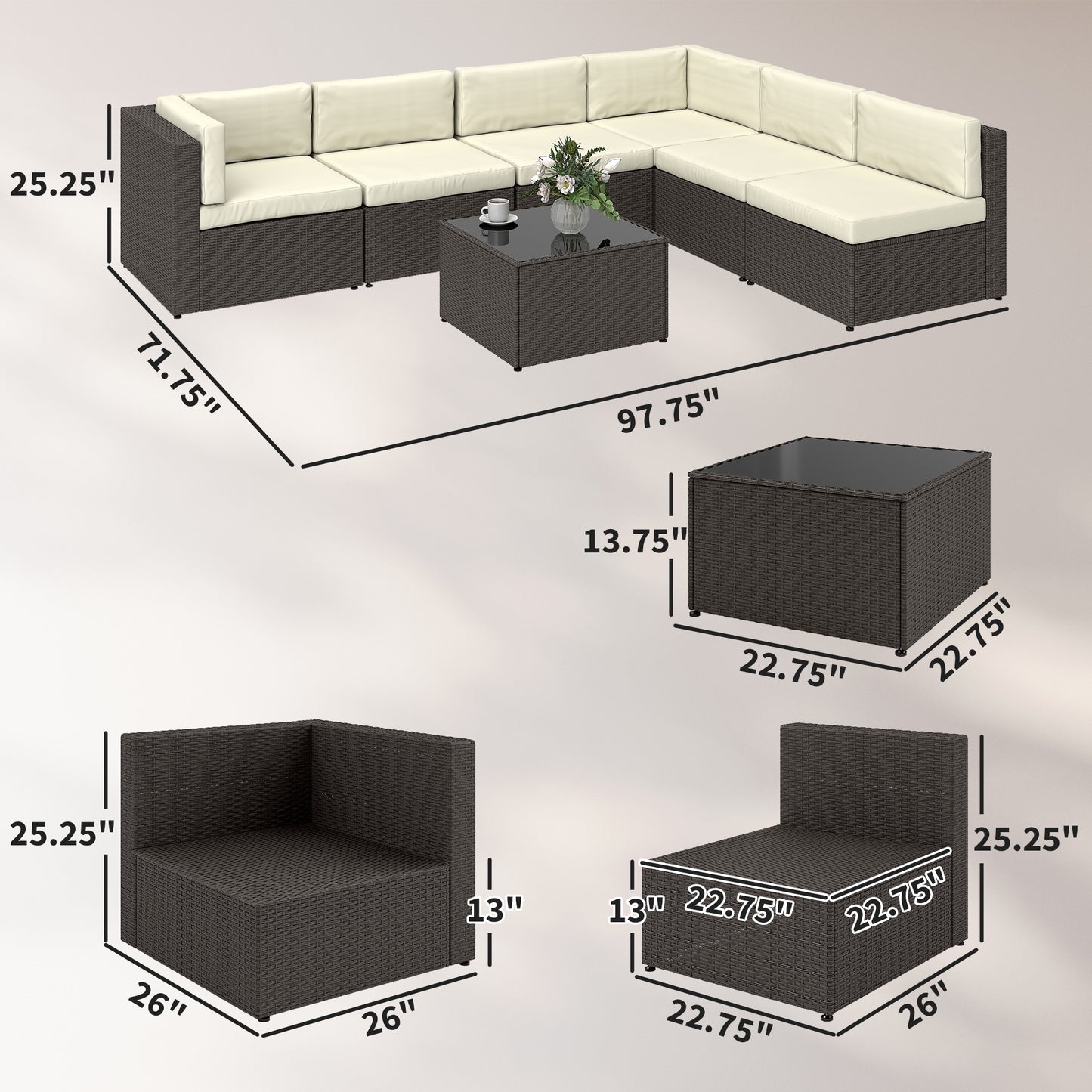 7-Piece Outdoor Rattan Sectional Sofa Set with Coffee Table - Cream White