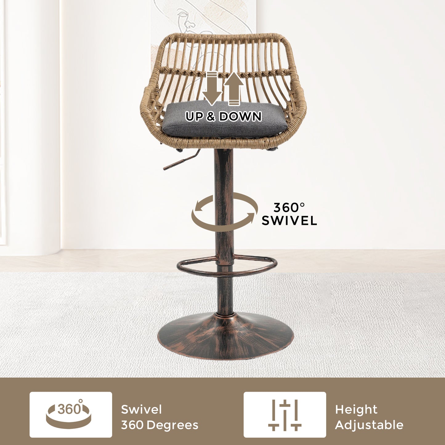 Adjustable Modern Swivel Bar Stools Set of 2 with Footrest - Gray