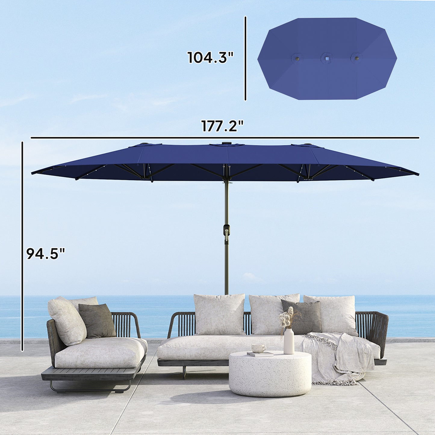 Double-Sided Garden Parasol with LED Solar Lights - Navy Blue