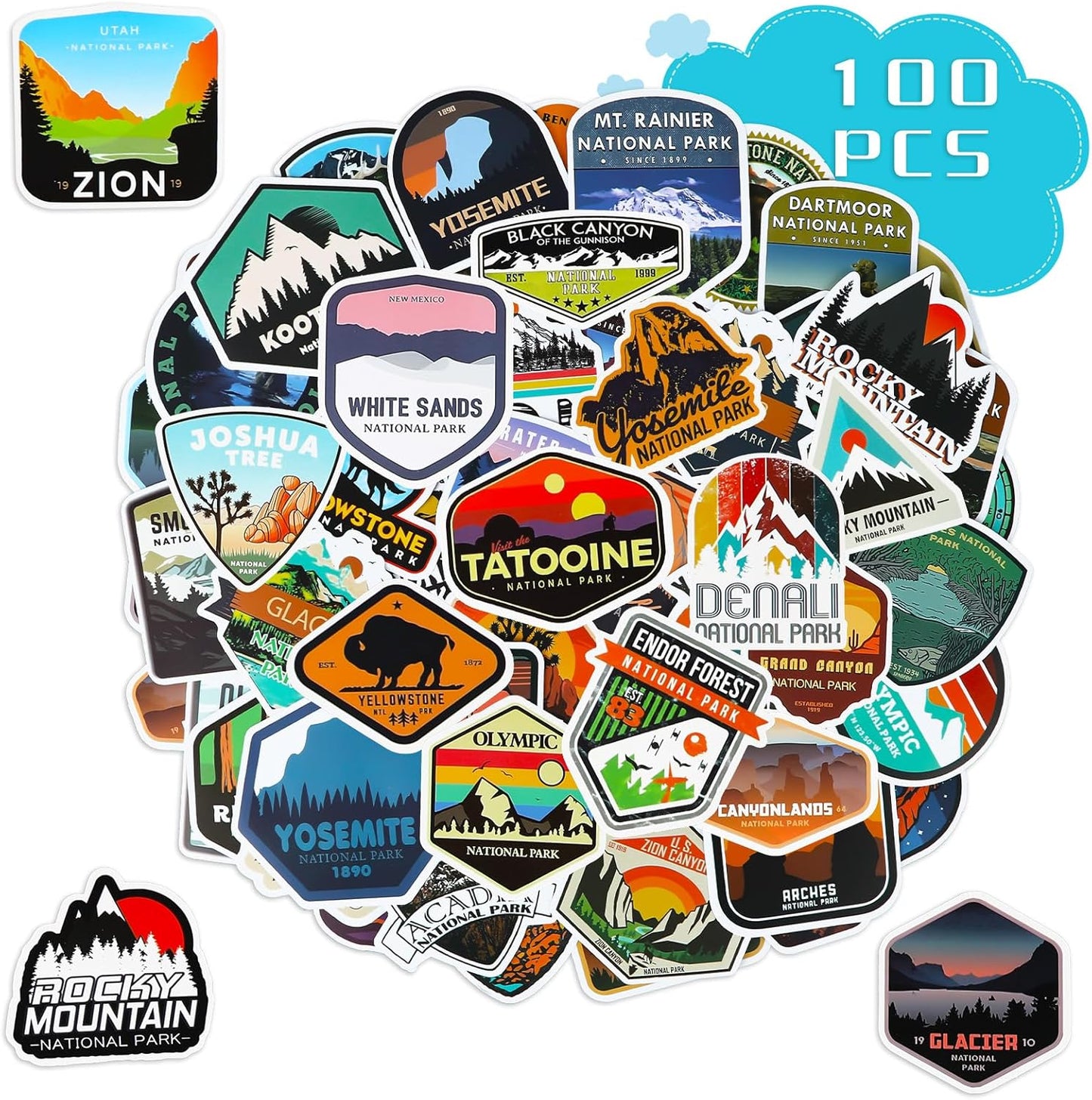 100 Pcs National Parks Sticker Set - Waterproof Vinyl Decals