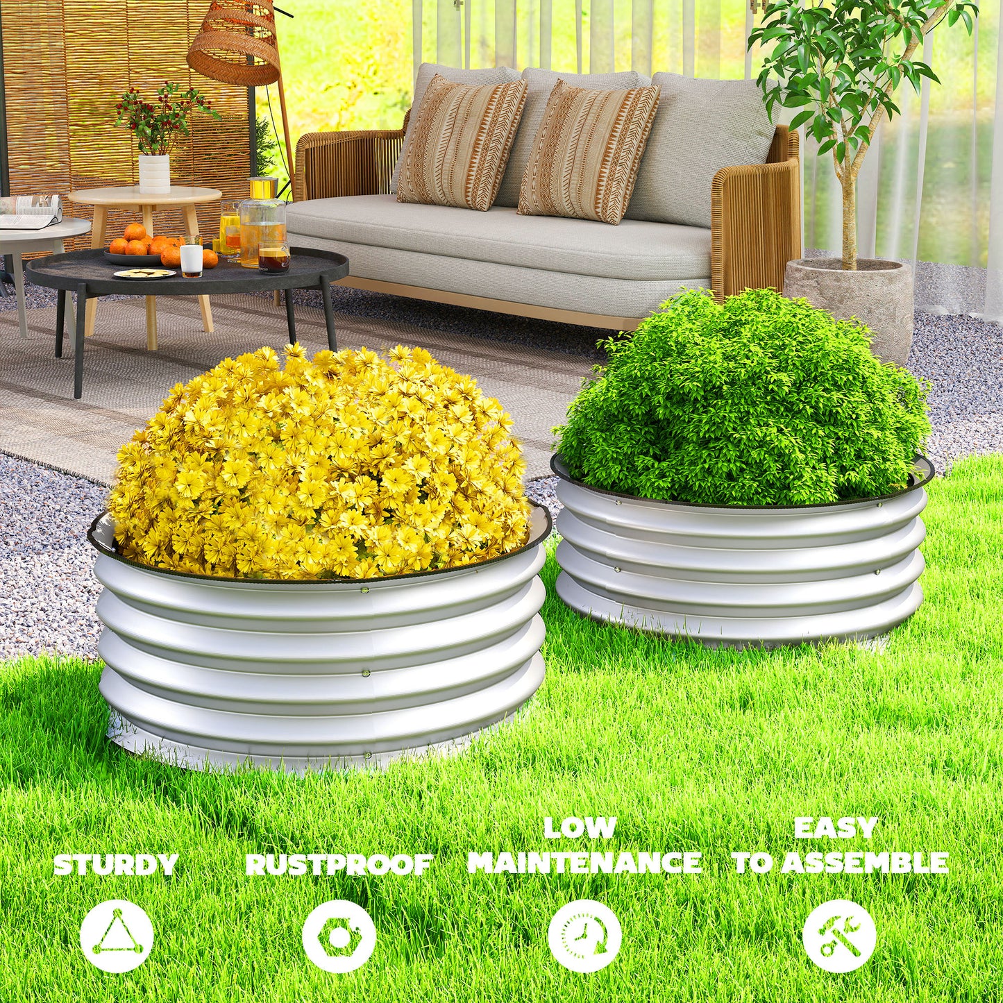 Set of 2 Metal Raised Garden Beds with Safety Edging - Easy Assembly, Silver 485x380x145mm