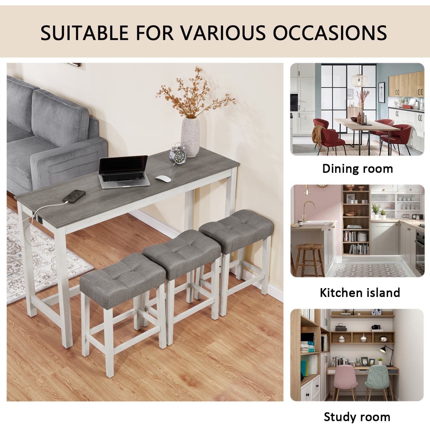 Bar Table Set with Power Outlet & 3 Padded Stools - Grey & White