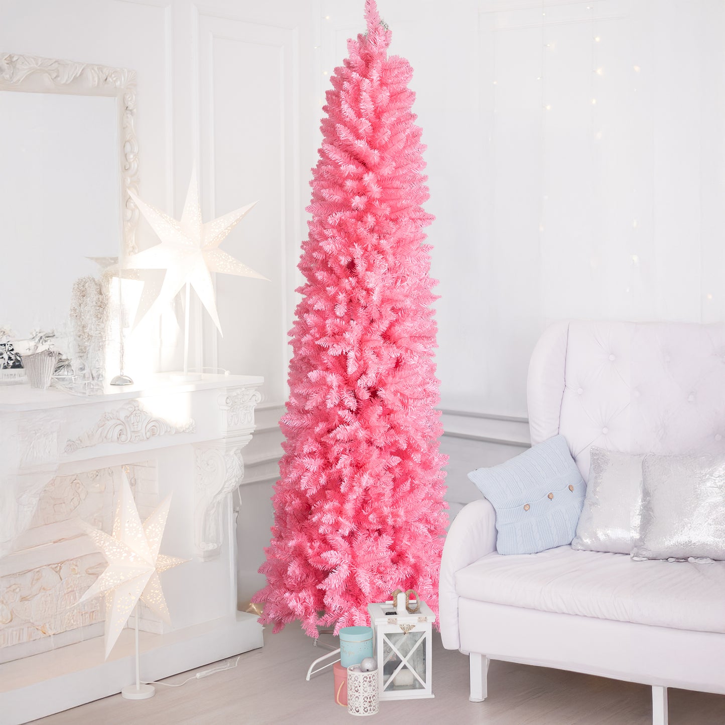 7.5 FT Slim Pencil Christmas Tree - Unlit Pink Artificial Pine