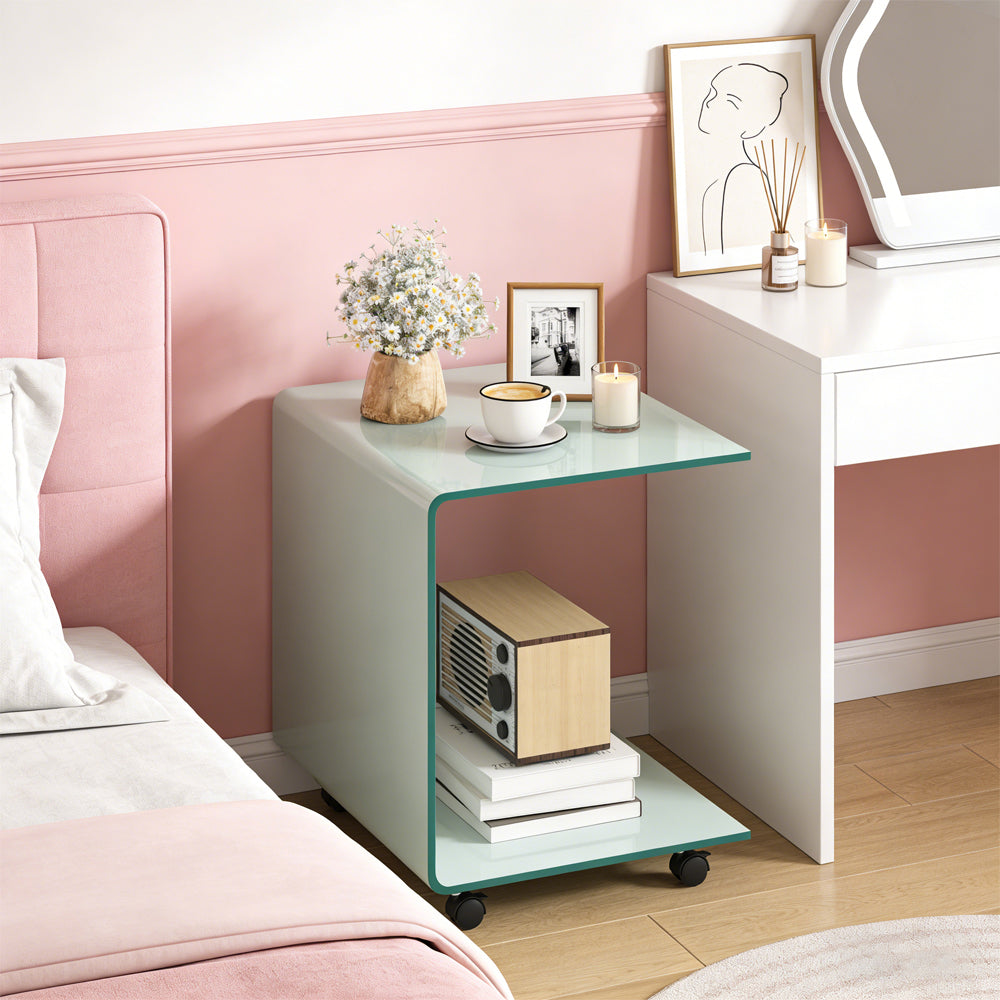 C Shaped End Table Modern Tempered Glass Side With Shelf 4 Swivel