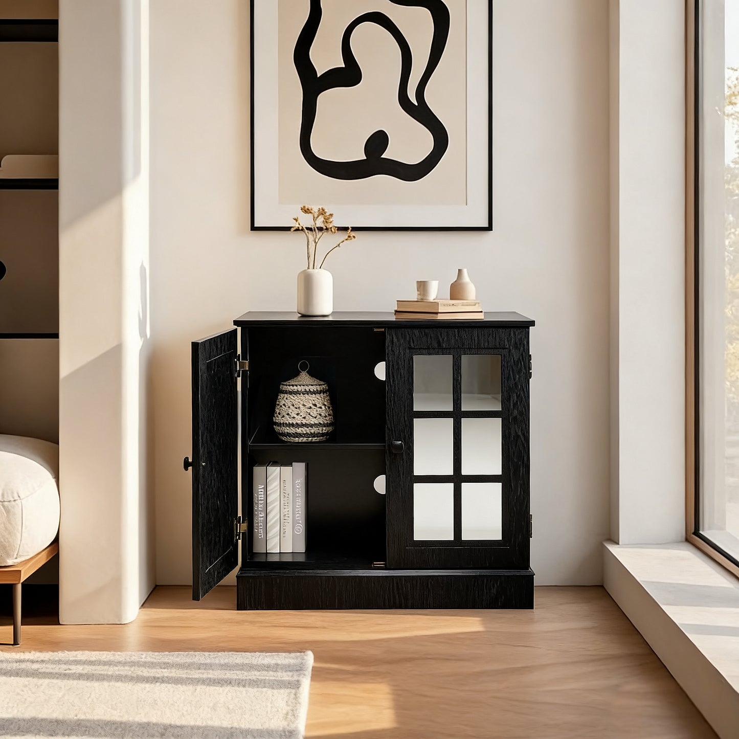 Storage Sideboard Cabinet With 2 Decorative Acrylic Mirrored Doors,