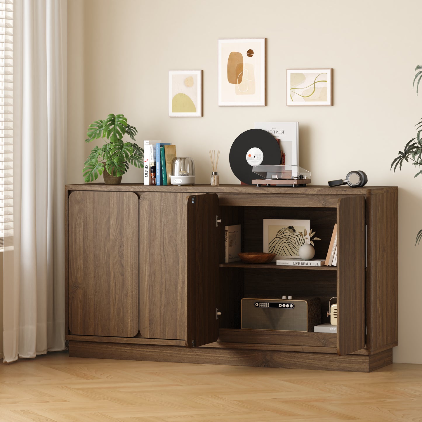 59.1" Walnut 4-Door Sideboard Buffet Cabinet with Adjustable Shelves