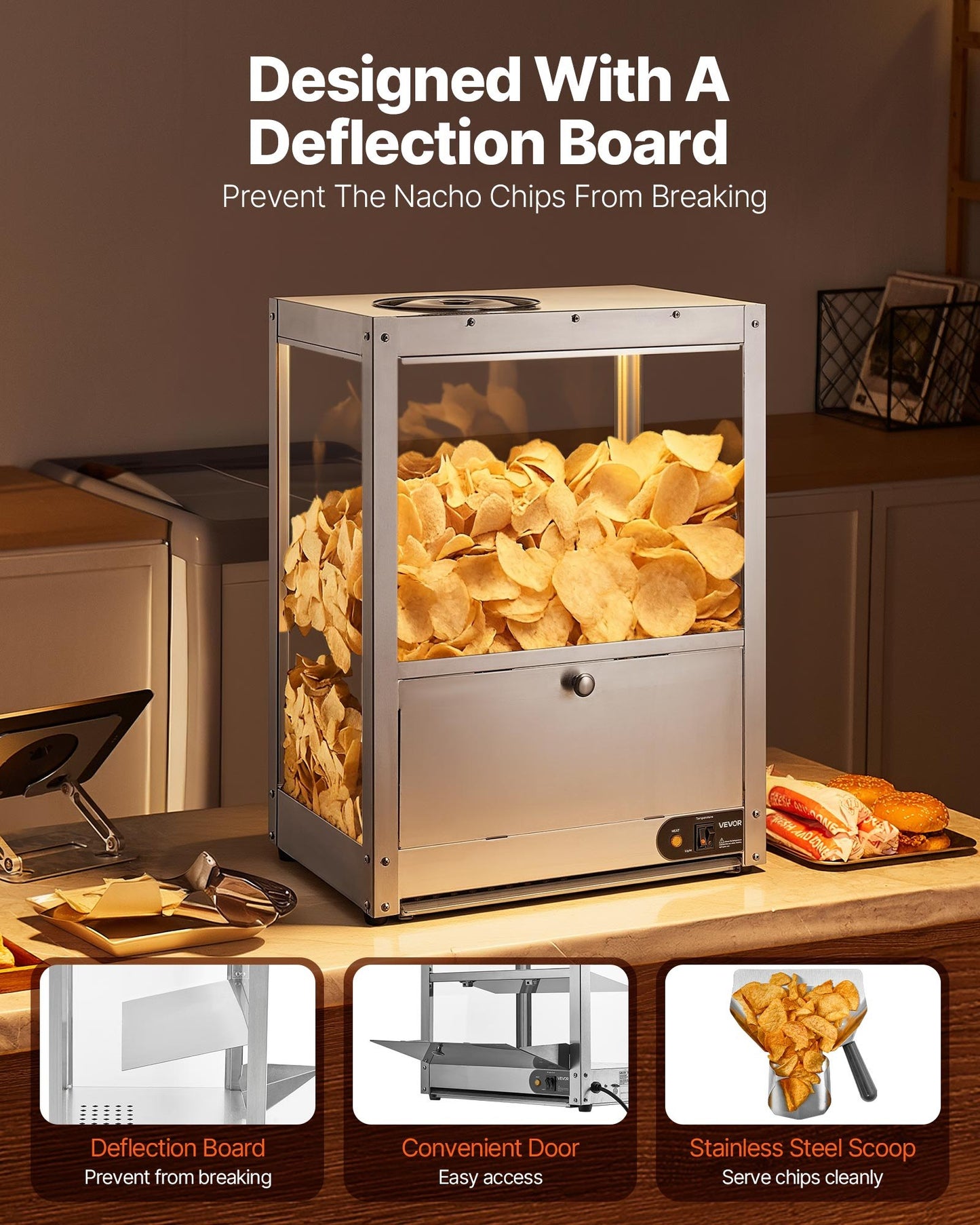 Commercial Nacho Chip Warmer 85QT with Heating Base & Warming Light - Stainless Steel