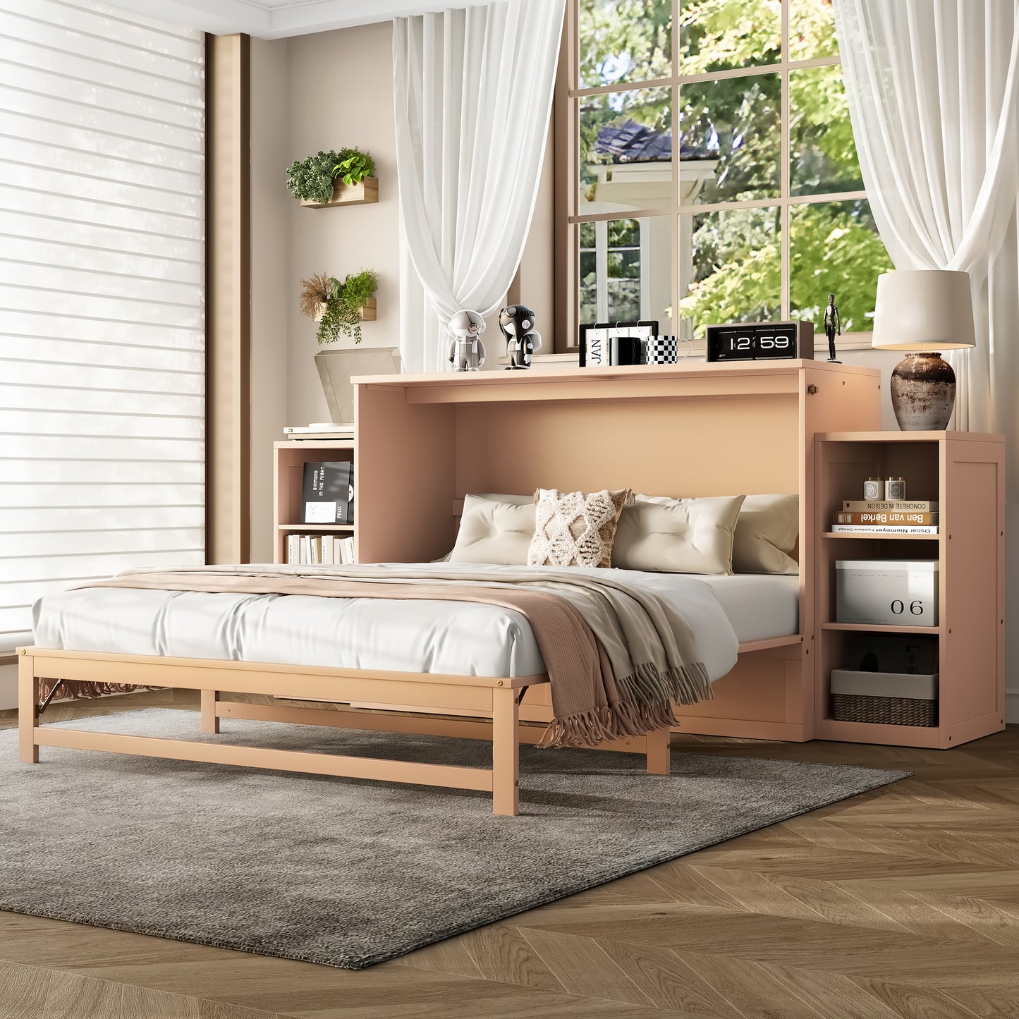 Queen Size Murphy Bed with Storage Drawers and Shelves - Gold