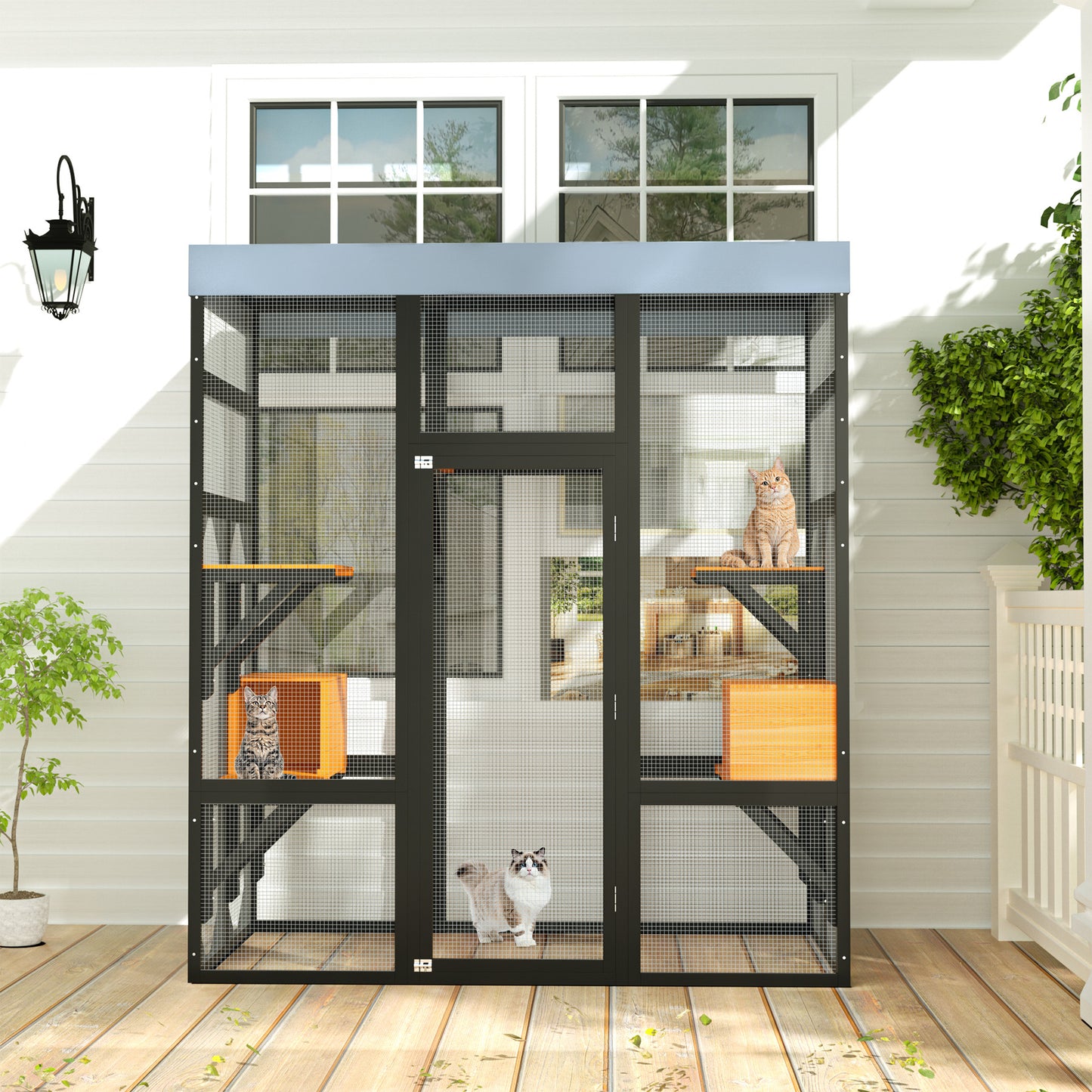 Large Wooden Cat Enclosure with Waterproof Cover and Multiple Platforms