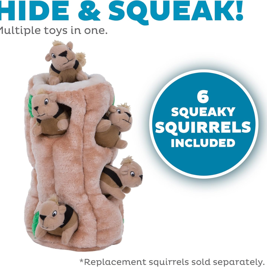 Interactive Squirrel Dog Toy 2-in-1 Plush Puzzle with Squeaky Squirrels - Brown