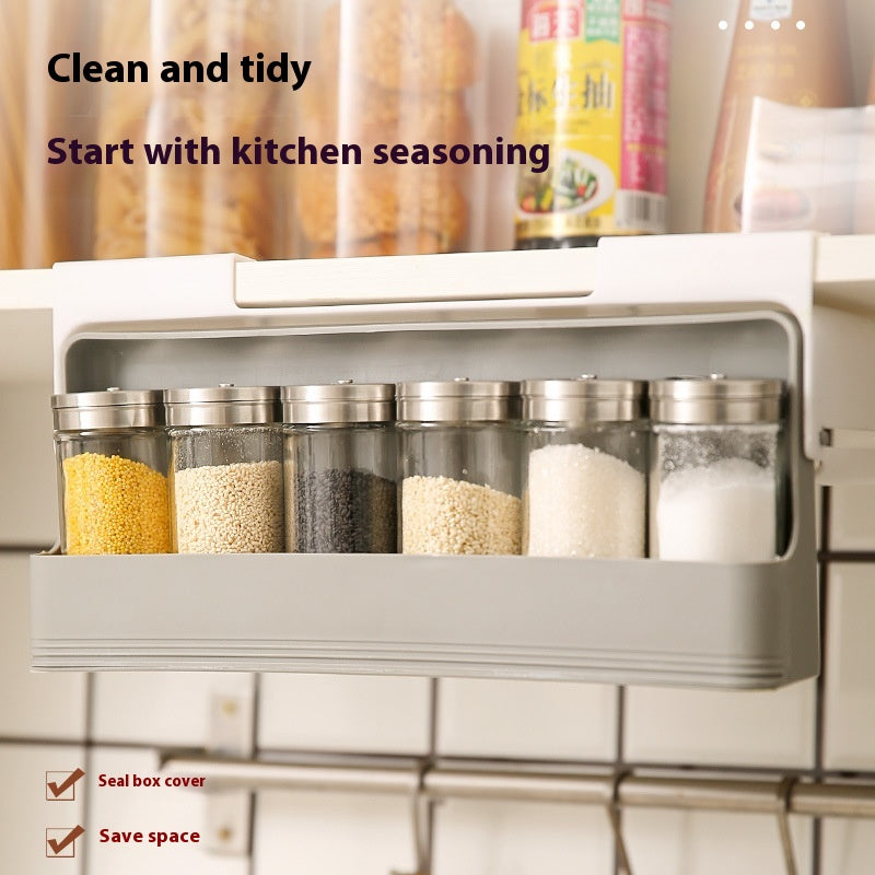 Hanging Kitchen Storage Rack with 6 Seasoning Bottles - Gray