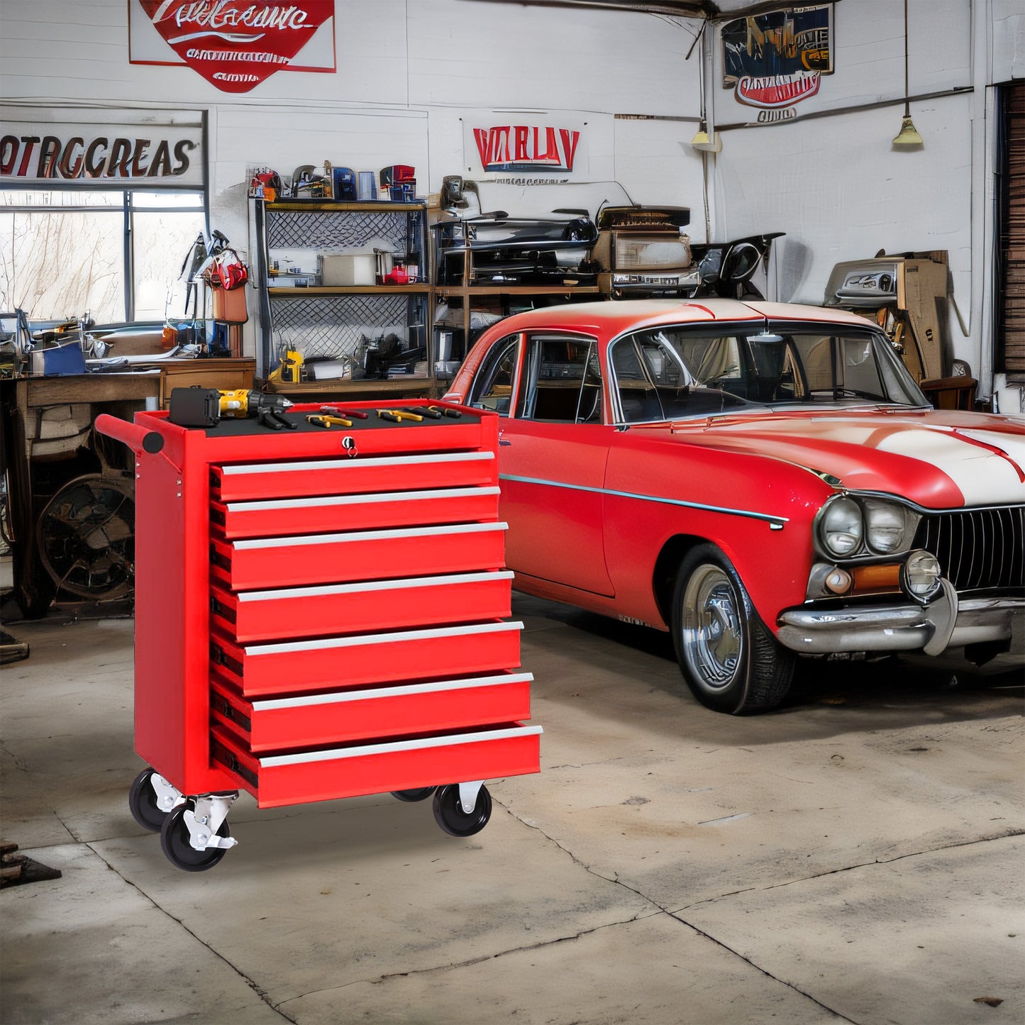 7-Drawer Rolling Tool Chest with Wheels - Red Tool Storage Cabinet