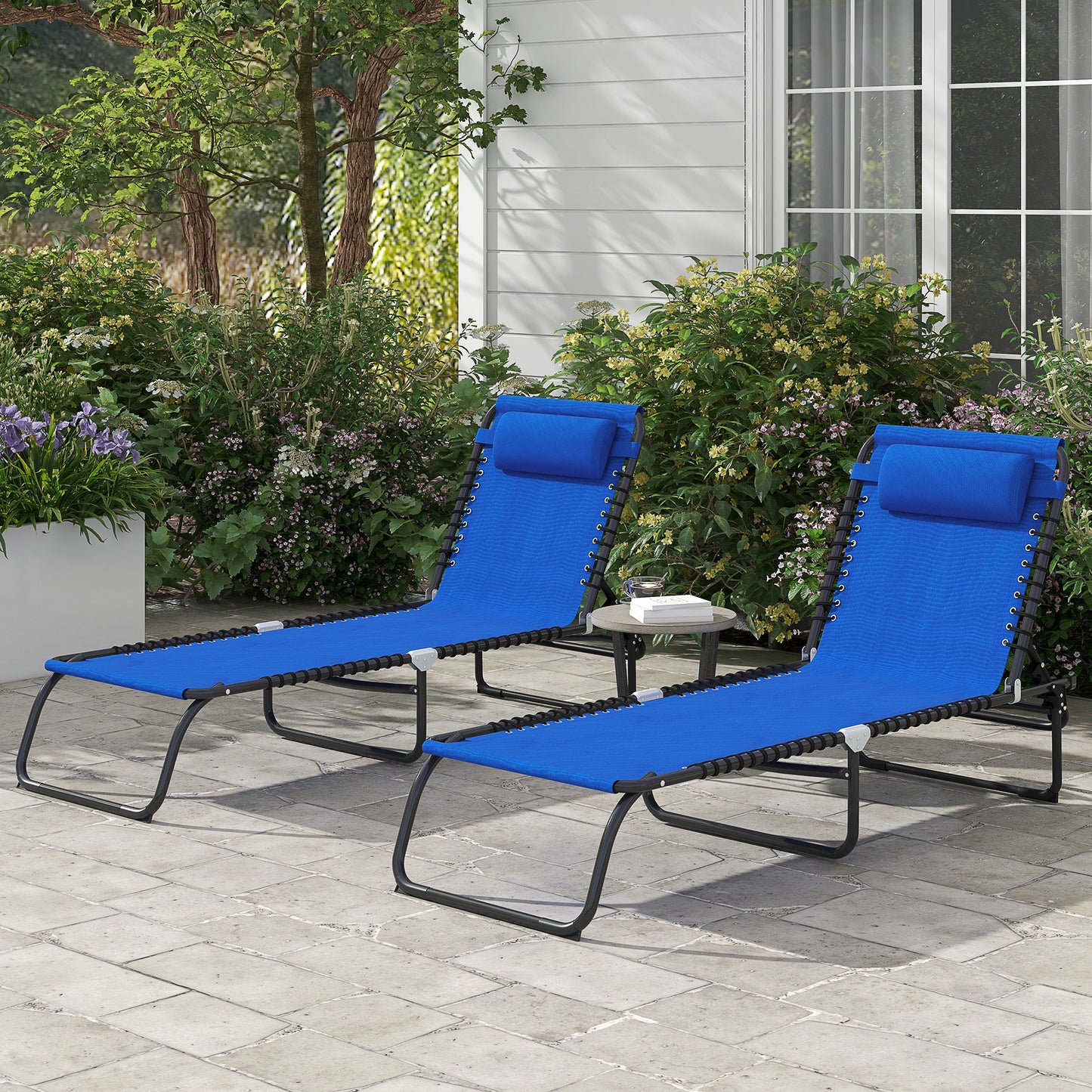2 Folding Chaise Lounge Pool Chairs with 4-Position Recline - Blue