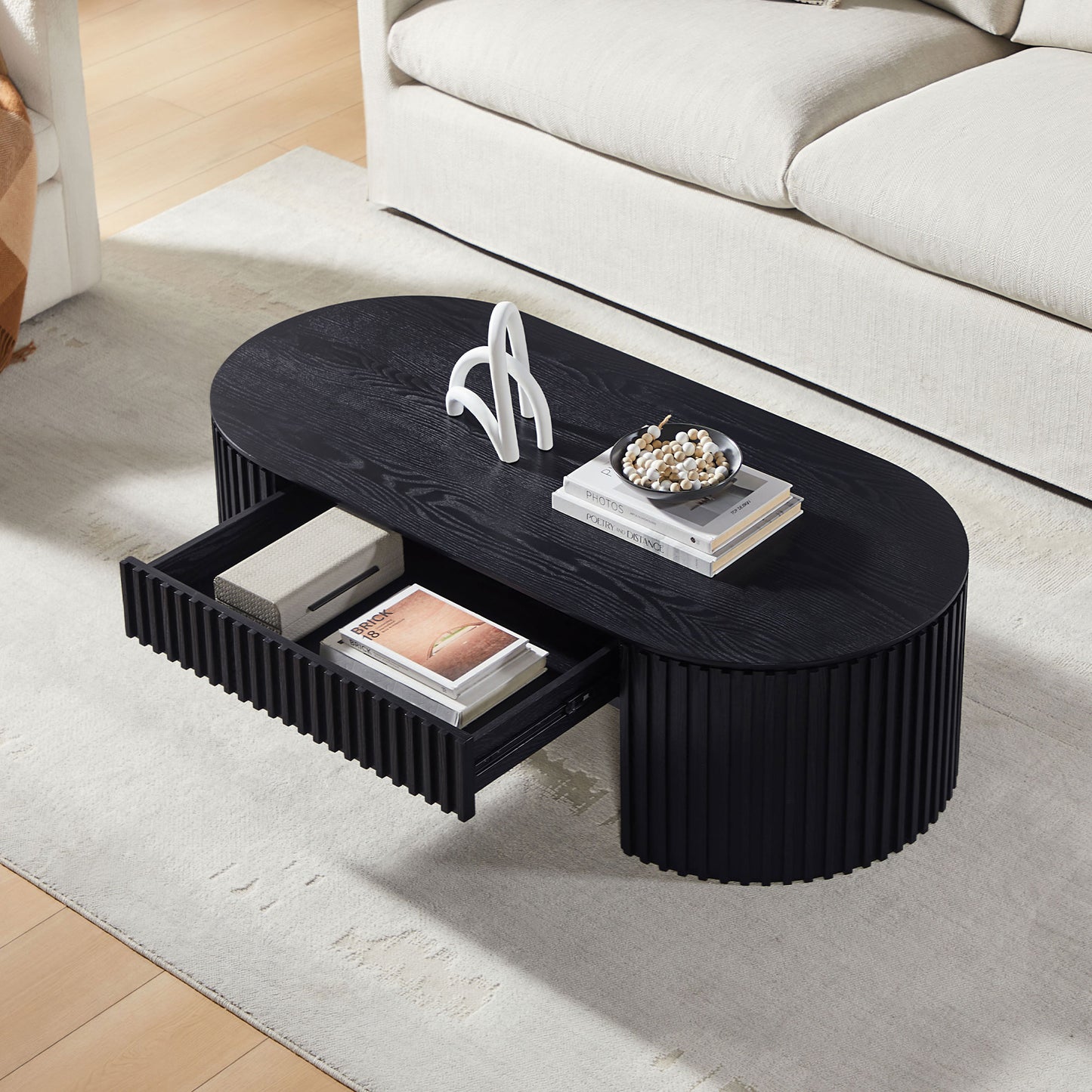 Oval Wood Coffee Table with Drawer - Mid Century Modern - Black