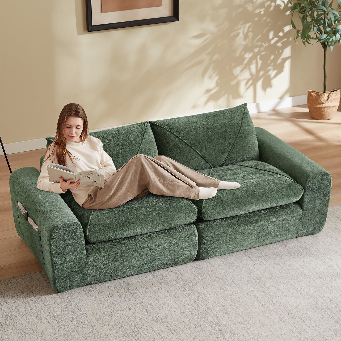 Modern Green Chenille Sofa with Foot Pedals - Spacious & Comfortable