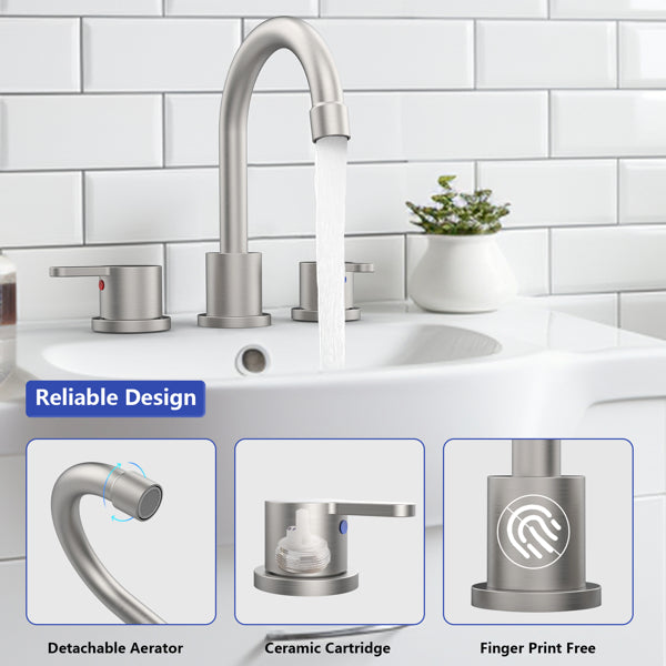 Brushed Nickel Bathroom Sink Faucet - 2 Handle, 8 Inch, 360° Swivel Spout