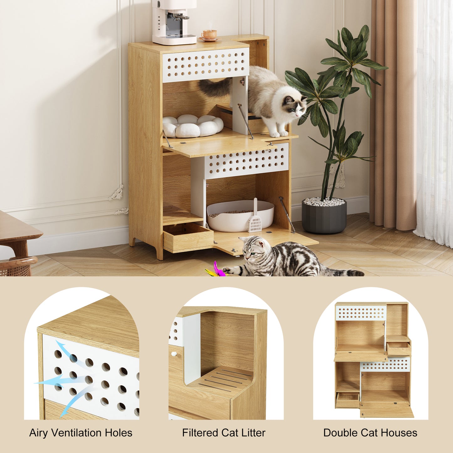 2-Piece Modern 2 IN 1 Cat Furniture Set, Litter Box Enclosure Side